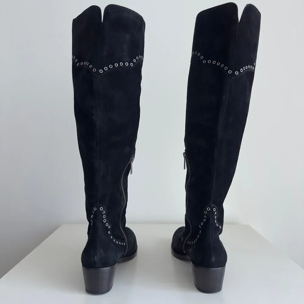 FRYE Boots Womens 6.5 Black Over The Knee Suede Leather Ray Grommet Studded